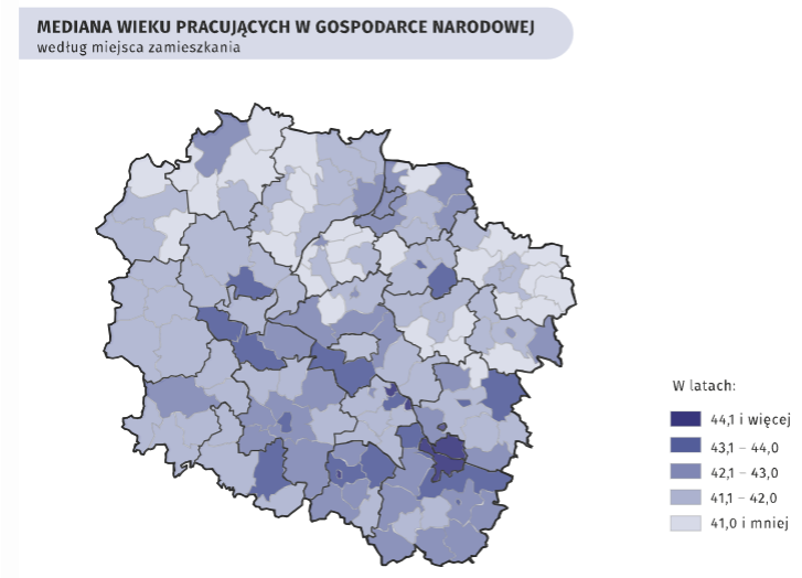 Mediana wieku pracujących - mapa województwa kujawsko-pomorskiego