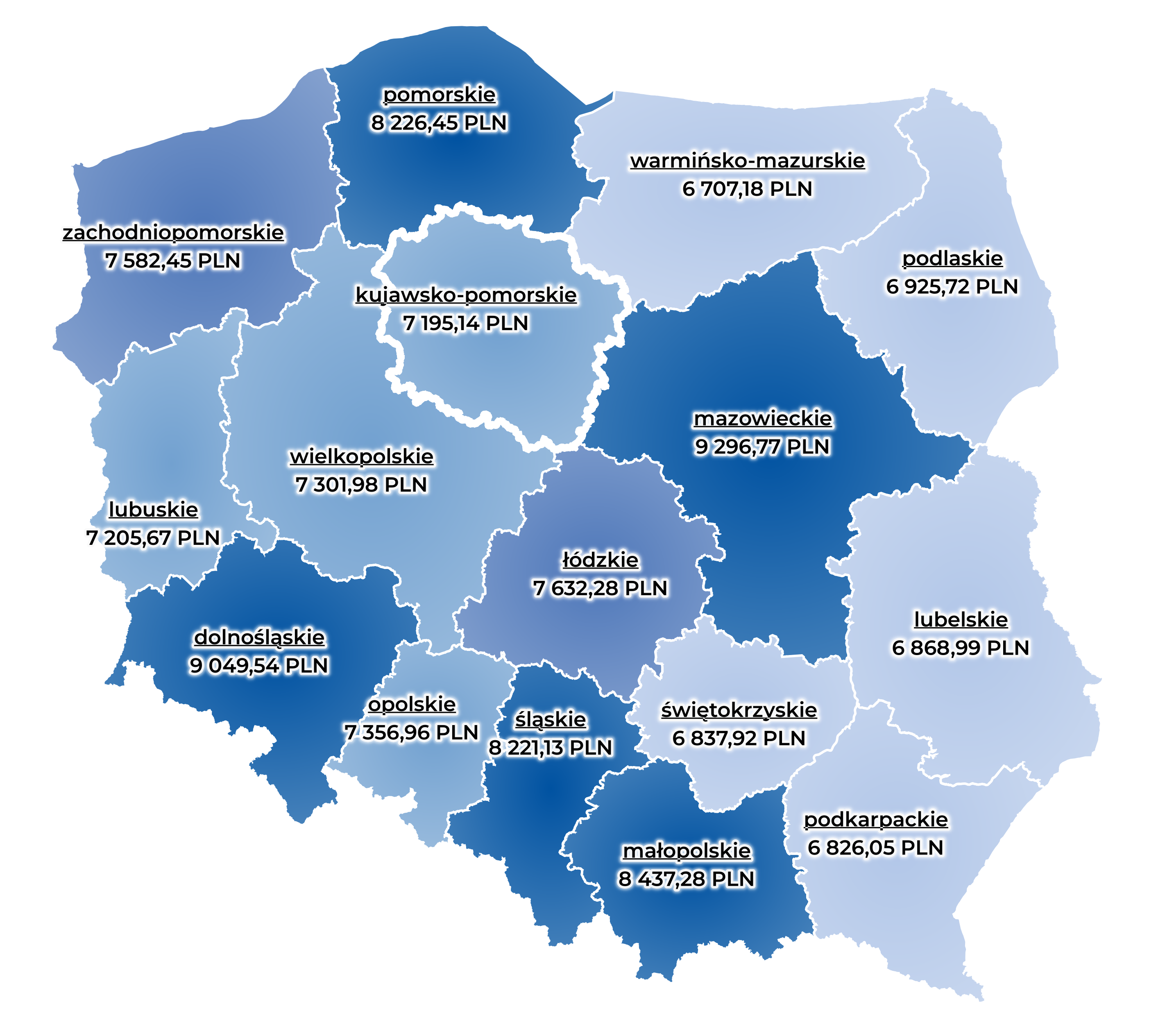 Mapa przeciętnego wynagrodzenia w województwach w czerwcu 2024