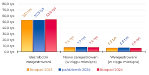 Region w Liczbach listopad 2024 - Bezrobocie Bezrobotni zarejestrowani: 53,9 tys; Nowo zarejestrowani (w ciągu miesiąca): 7,4 tys; Wyrejestrowani (w ciągu miesiąca): 5,8 tys;