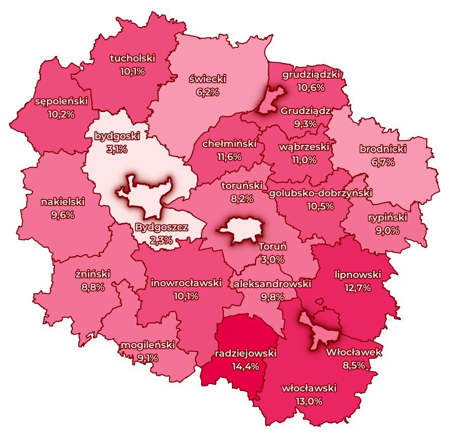 Mapa bezrobocia, podział na powiaty