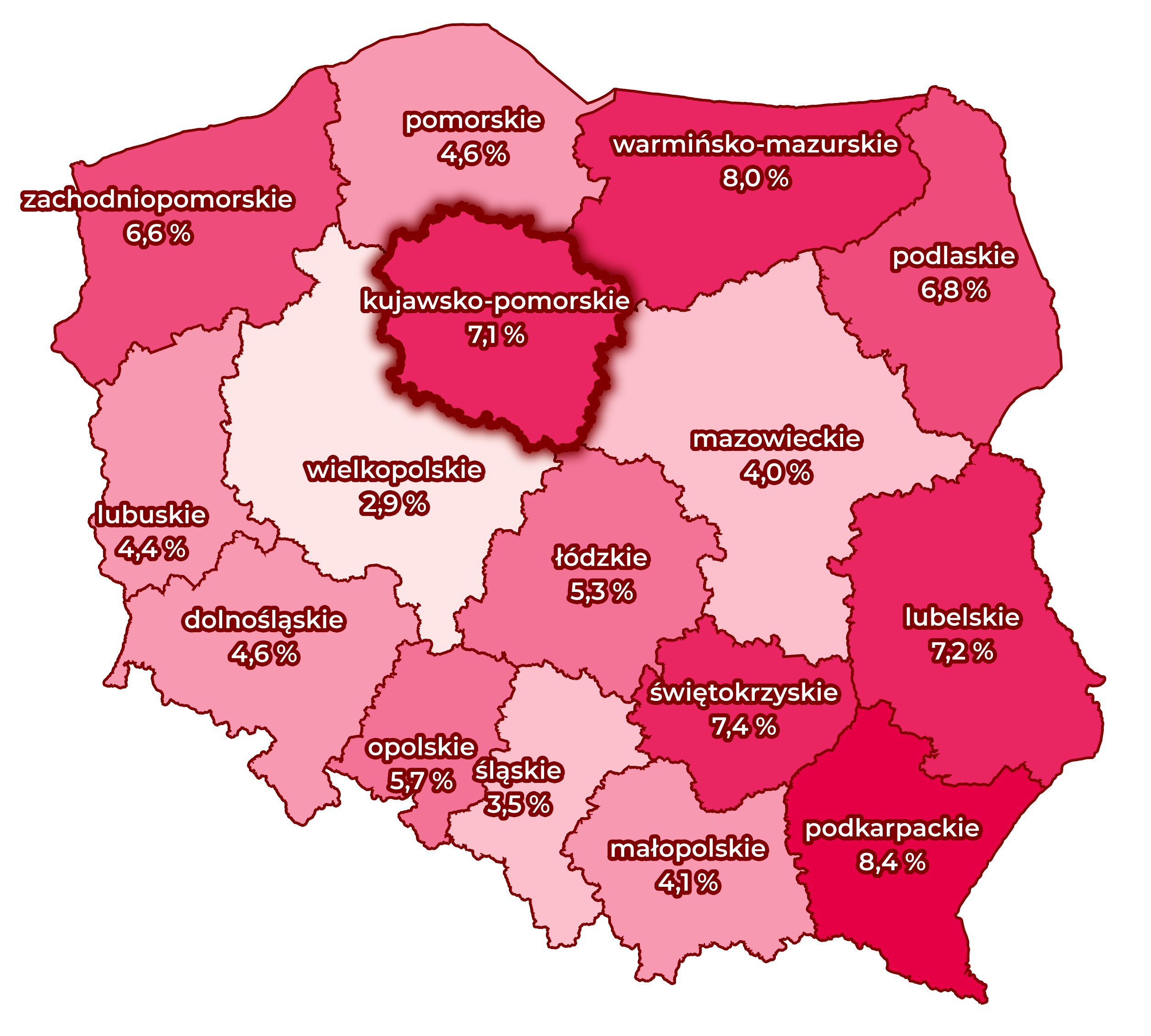 Mapa bezrobocia, podział na powiaty