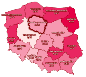 Mapa - stopa bezrobocia, podział na województwa