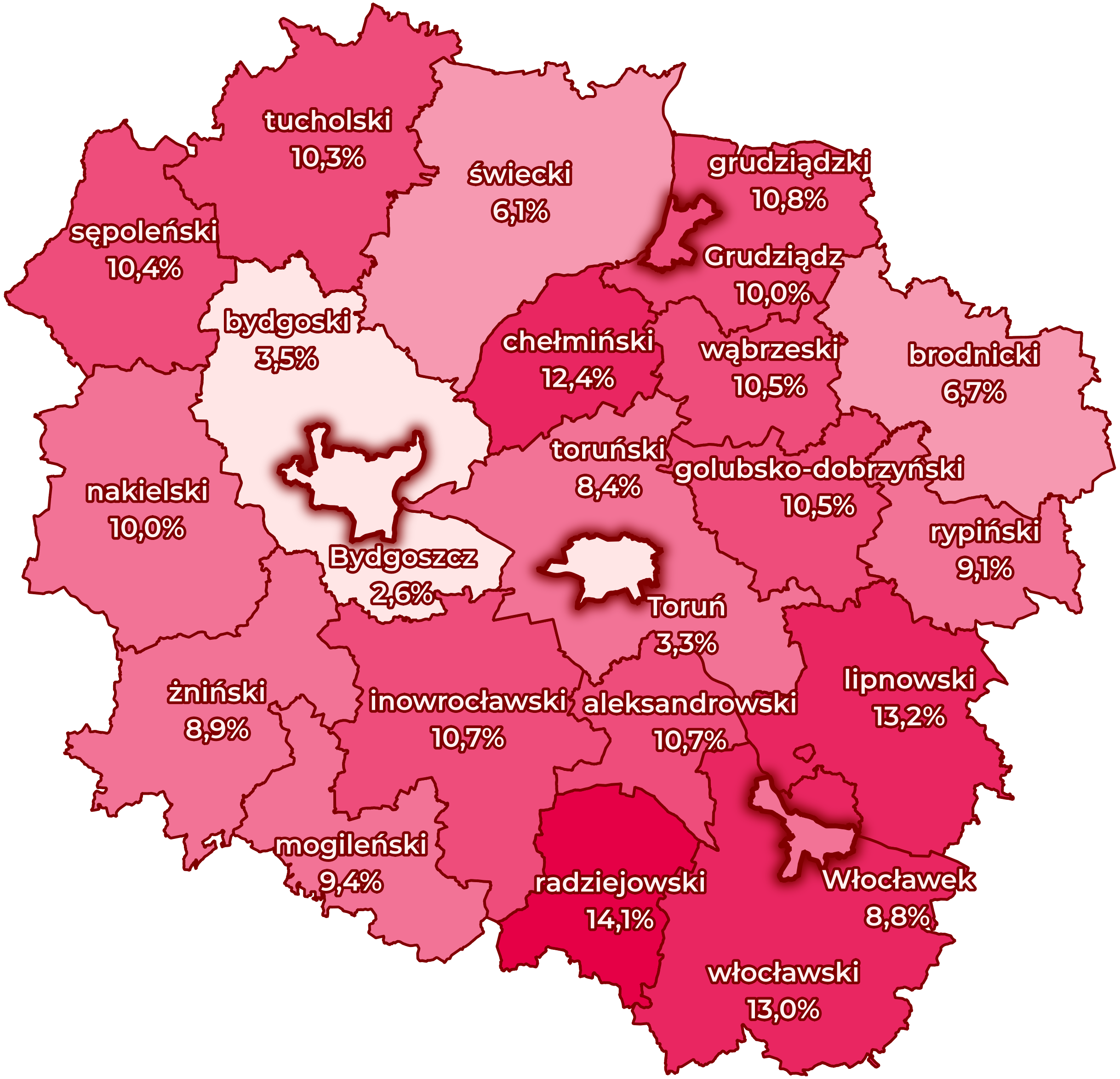 Stopa bezrobocia - mapa - podział na powiaty Stopa bezrobocia - mapa - podział na powiaty