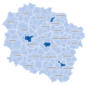 Mapa kujawsko-pomorskiego z granicami powiatów, gmin i miast