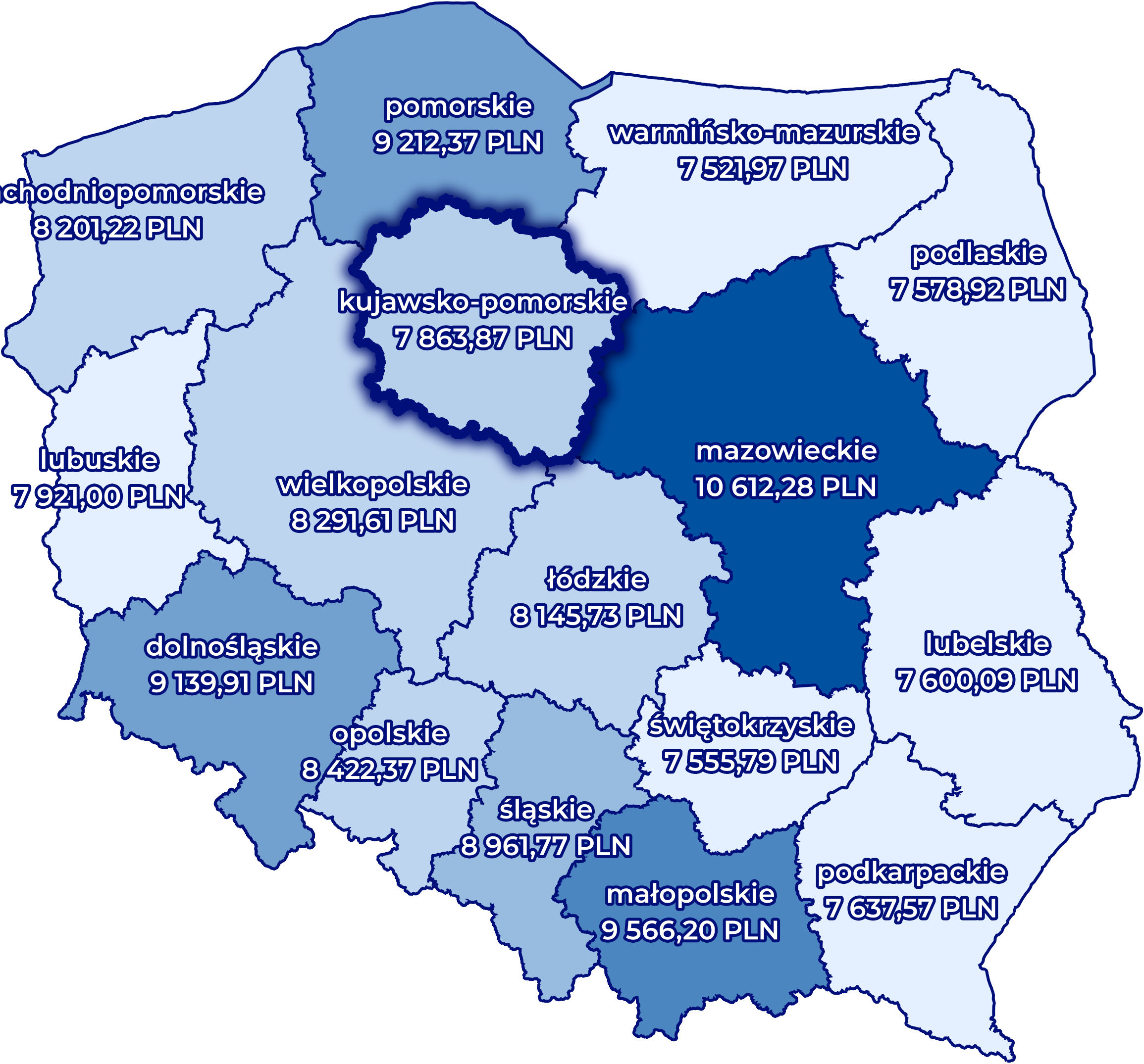 Wynagrodzenia - mapa - podział na wojewodztwa Wynagrodzenia - mapa - podział na wojewodztwa