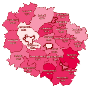 Mapa - stopa bezrobocia w powiatach