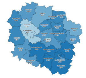 mapa regionu - stopa bezrobocia w kujawsko-pomorskim