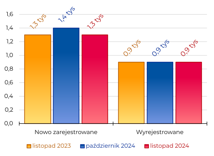 Region w Liczbach listopad 2024 - Podmioty REGON Nowo zarejestrowane: 1,3 tys; Wyrejestrowane: 0,9 tys;