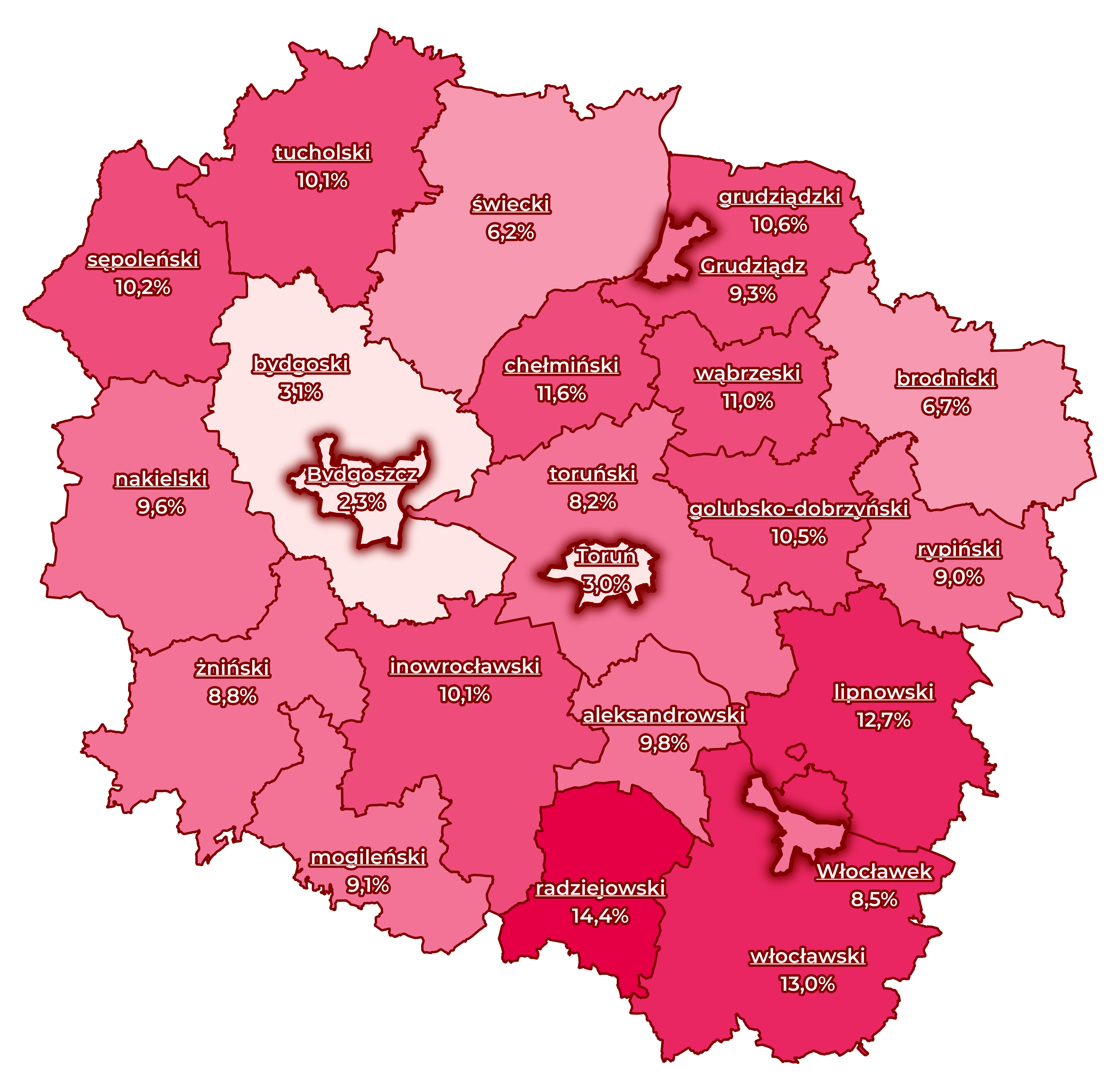 Stopa bezrobocia w powiatach kujawsko-pomorskiego we wrześniu 2024