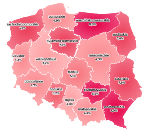 Stopa bezrobocia - województwa - mapa