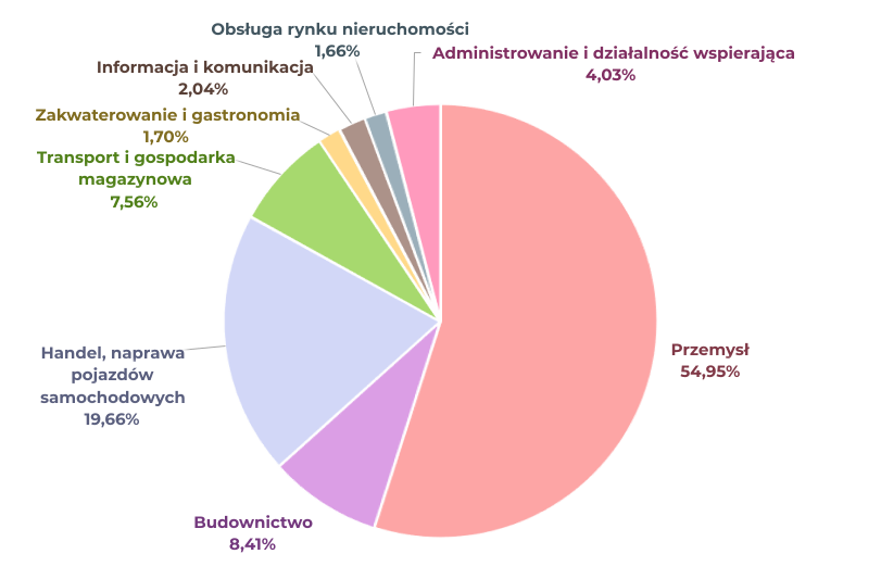 Region w Liczbach listopad 2024 - Zatrudnienie - struktura Przemysł: 54,95% Budownictwo: 8,41% Handel, naprawa pojazdów samochodowych: 19,66% Transport i gospodarka magazynowa: 7,56% Zakwaterowanie i gastronomia: 1,70% Informacja i komunikacja: 2,04% Obsługa rynku nieruchomości: 1,66% Administrowanie i działalność wspierająca: 4,03%